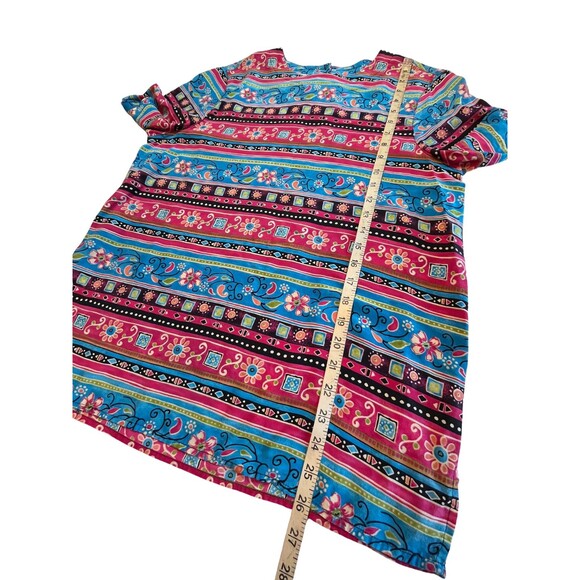 Vintage 90s Alfred Dunner Silk Top‎ Short Sleeve Aztec Floral Flowy Red Blue 10 - Picture 7 of 16